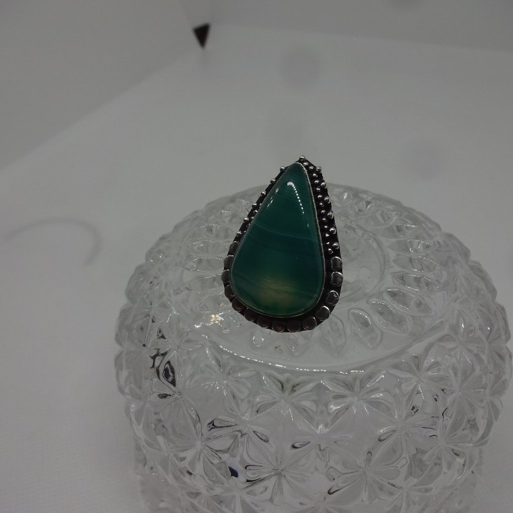 New Green Botswana Agate Teardrop Ring in Sterling Silver setting. Never worn.